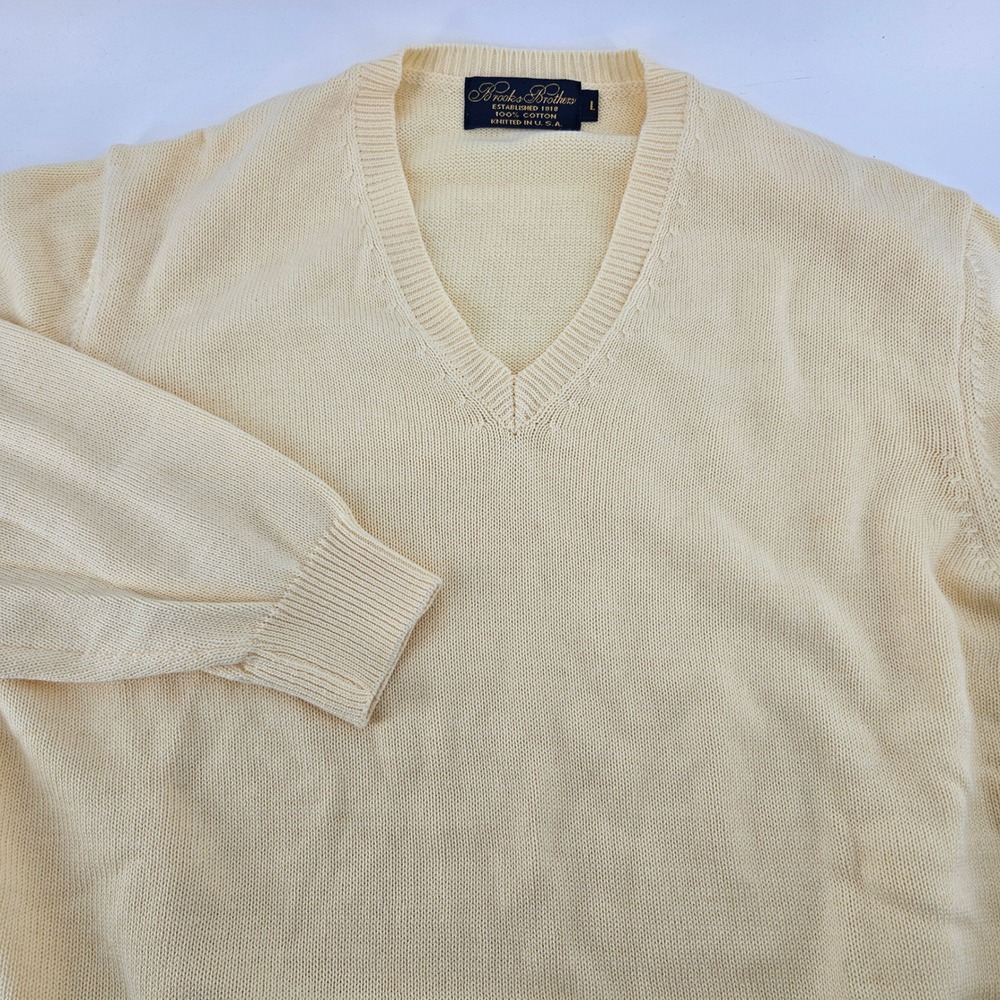 Brooks Brothers Mens V-Neck Cotton Sweater Yellow Knitted in USA Size L